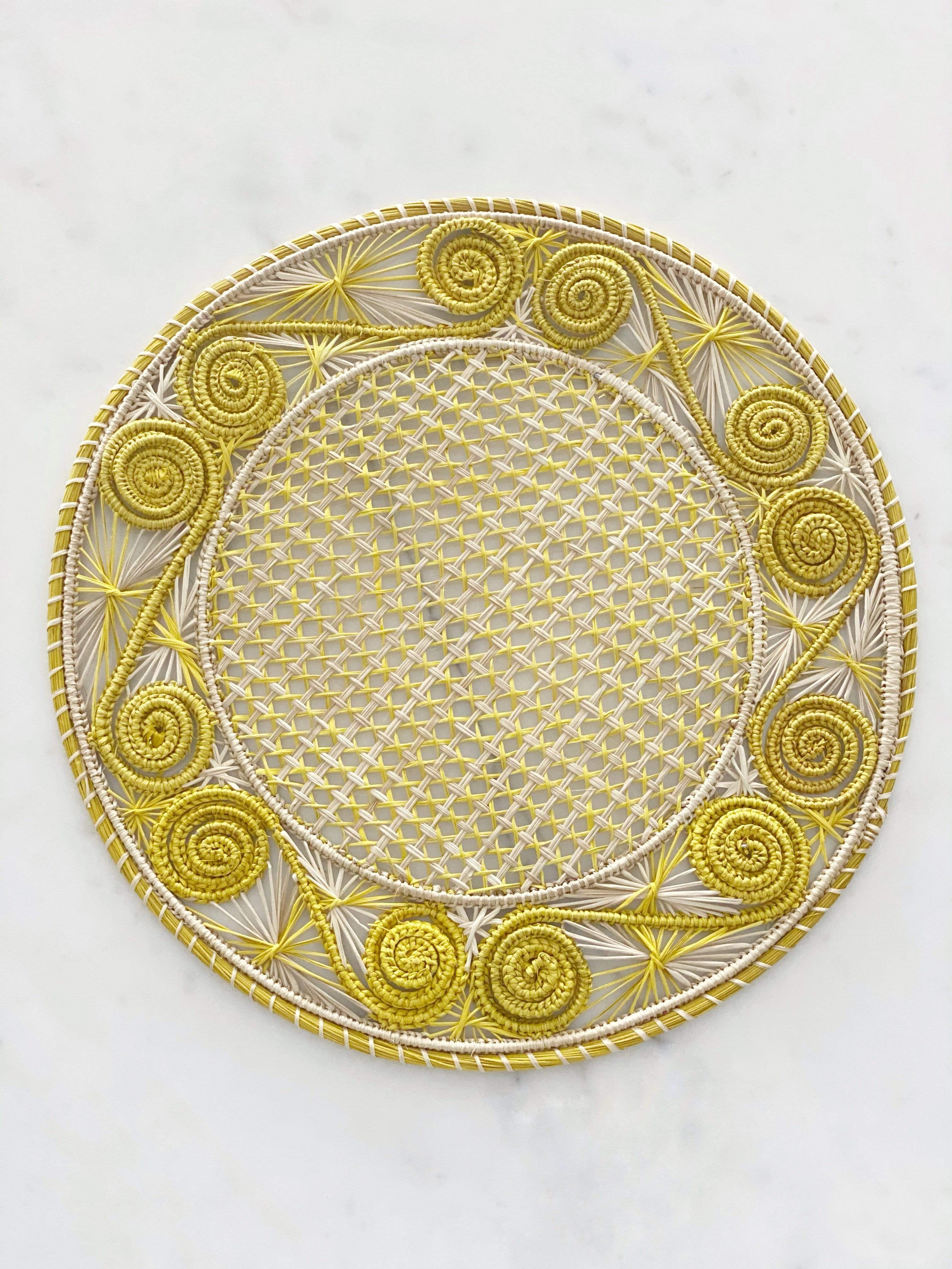 Caracol Handwoven Iraca Placemat Natural Palm with Color Accents Yellow