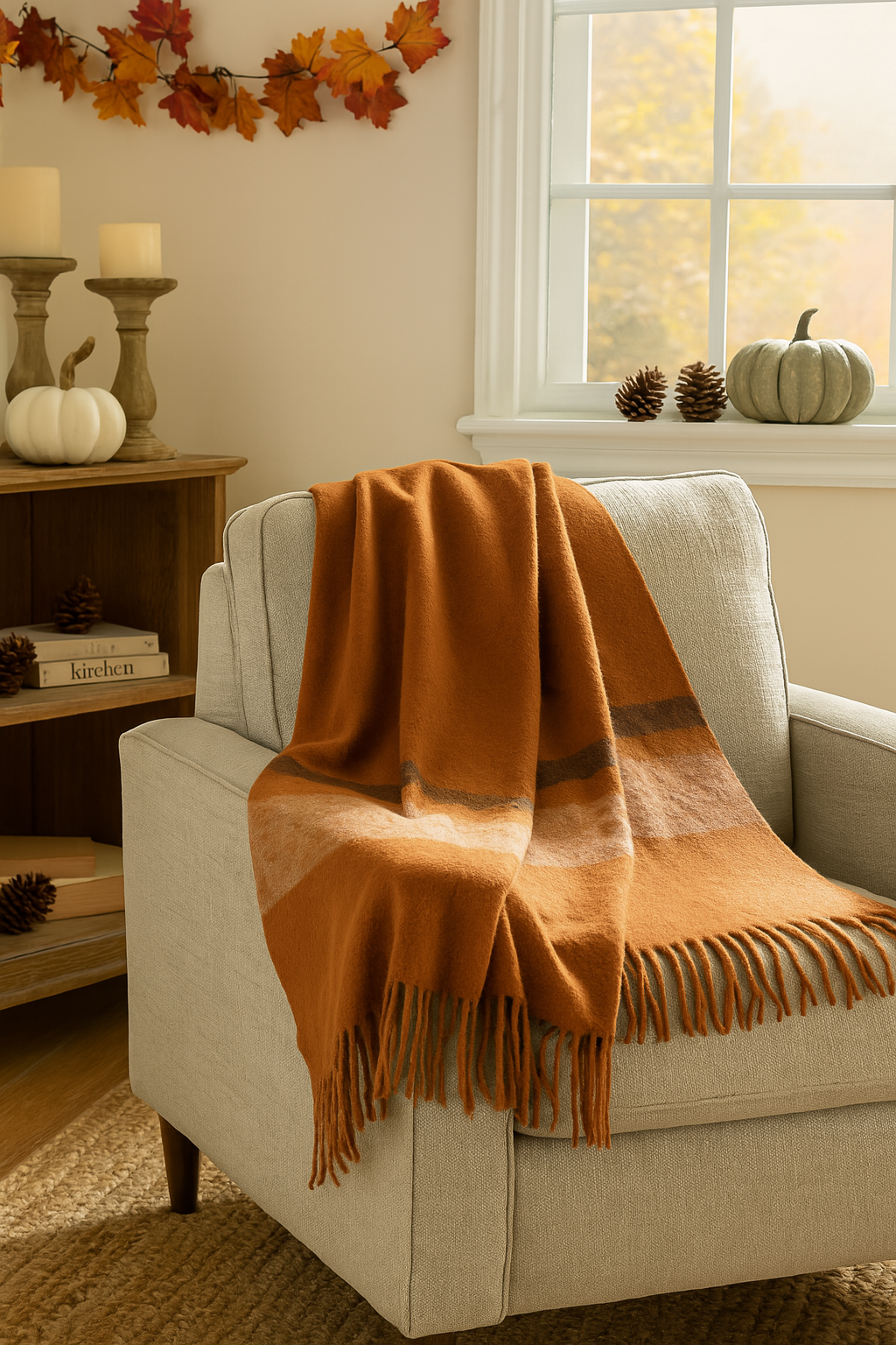 Brushed Orange Acrylic & New Zealand Wool Throw Blanket with Stripes & Fringe Secondary image