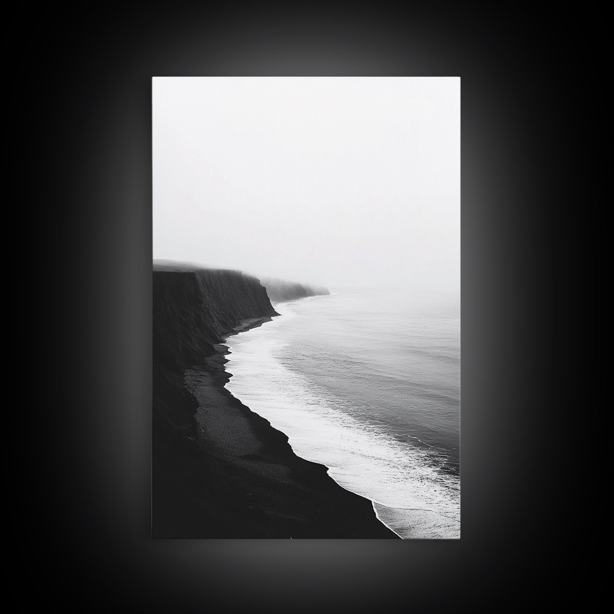 Cliff Coast, Mist Horizon, Monochrome Sea, Rugged Beauty, Canvas Print, Living Room Wall Art, Coastal Modern Style, Minimalist Ocean Scene