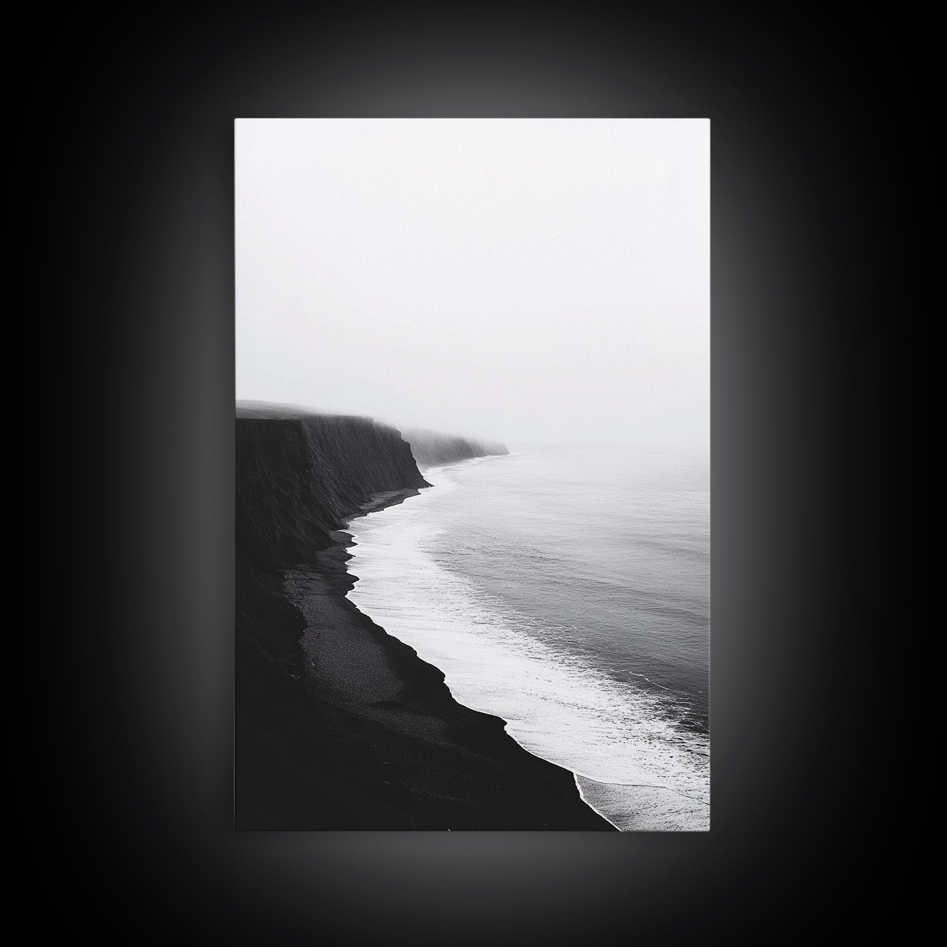 Cliff Coast, Mist Horizon, Monochrome Sea, Rugged Beauty, Canvas Print, Living Room Wall Art, Coastal Modern Style, Minimalist Ocean Scene