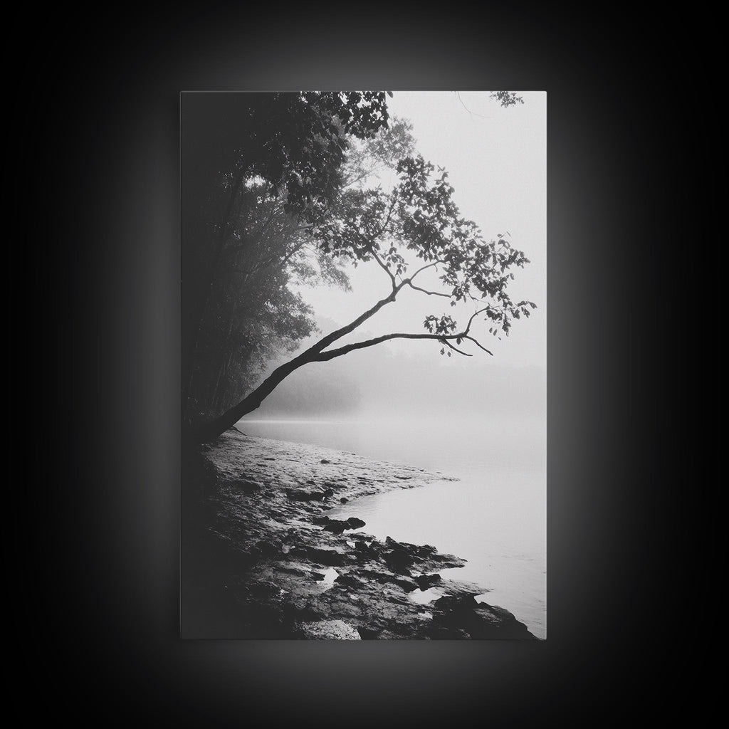 Misty Tree, Shoreline Fog, Forest Edge, Moody Atmosphere, Framed Canvas Print, Bedroom Wall Art, Autumn Woodland Style, Serene Nature Decor