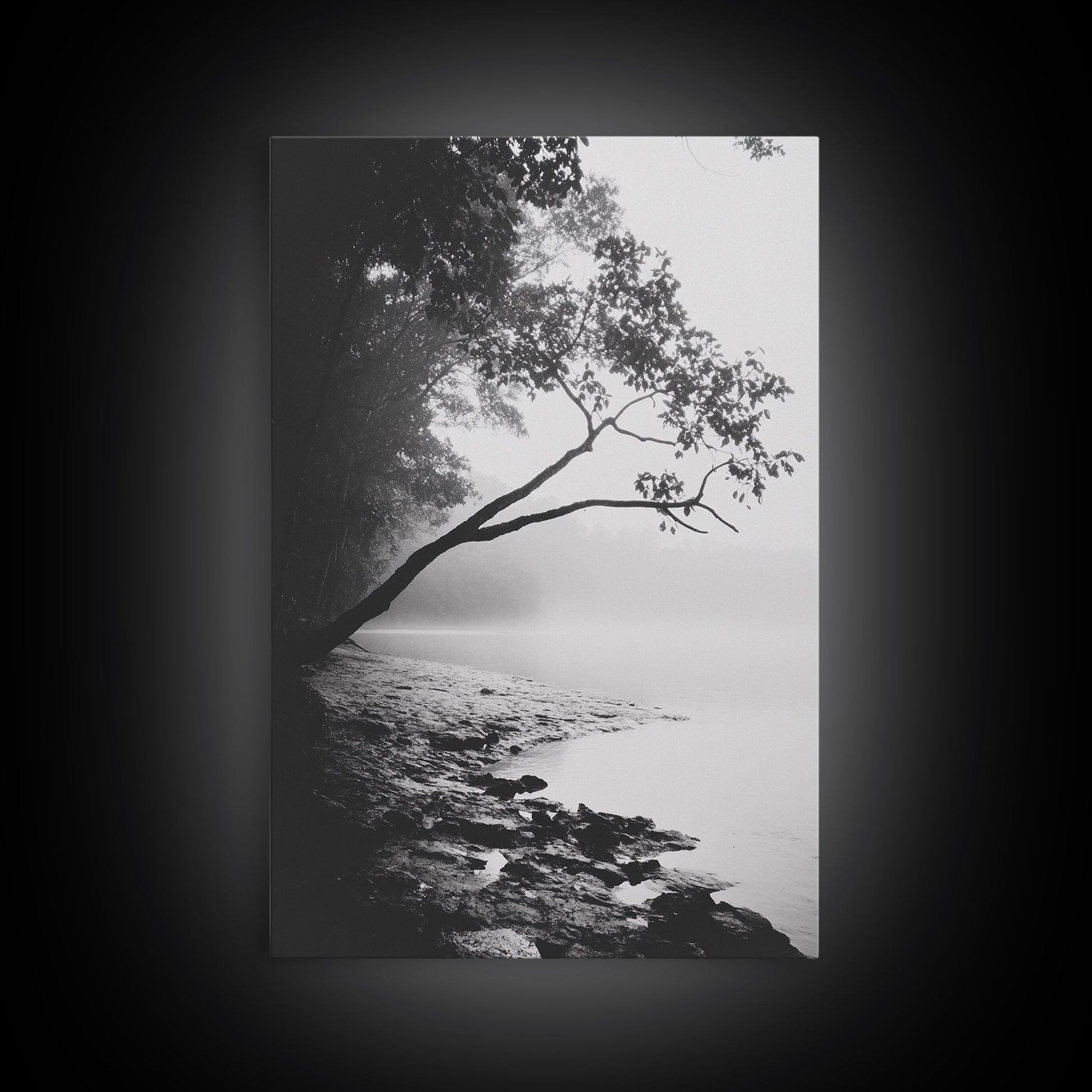 Misty Tree, Shoreline Fog, Forest Edge, Moody Atmosphere, Framed Canvas Print, Bedroom Wall Art, Autumn Woodland Style, Serene Nature Decor