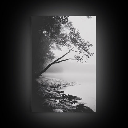 Misty Tree, Shoreline Fog, Forest Edge, Moody Atmosphere, Framed Canvas Print, Bedroom Wall Art, Autumn Woodland Style, Serene Nature Decor