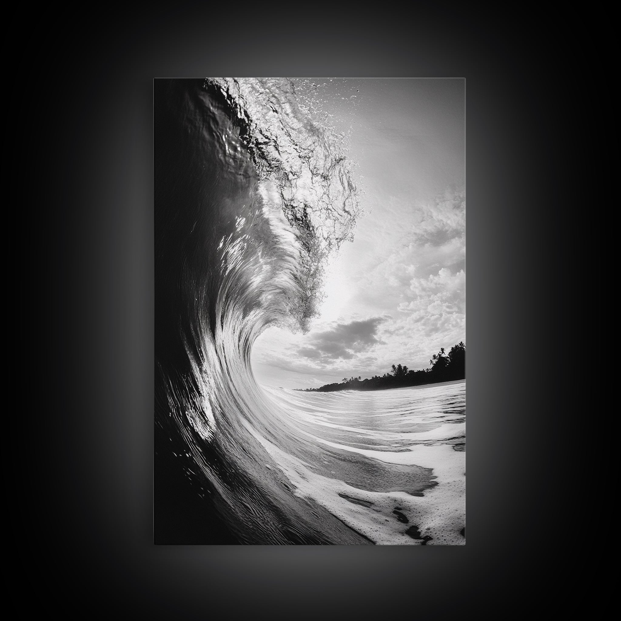 Ocean Wave Curl, Sea Barrel Art, Surf Power Print, Framed Canvas Print, Bathroom Wall Art, Modern Beach Decor, Black White Seascape