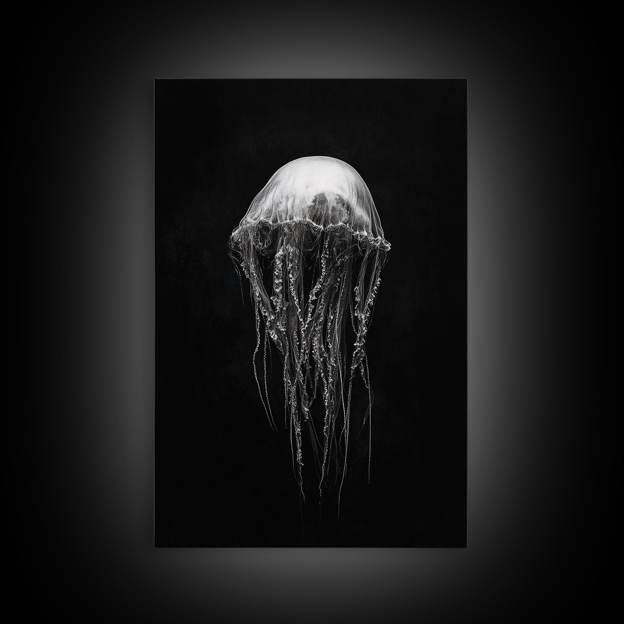Elegant Jellyfish Art, Ocean Wildlife, Monochrome Marine, Framed Canvas Print, Bathroom Decor, Nautical Wall Art, Minimalist Sea Life