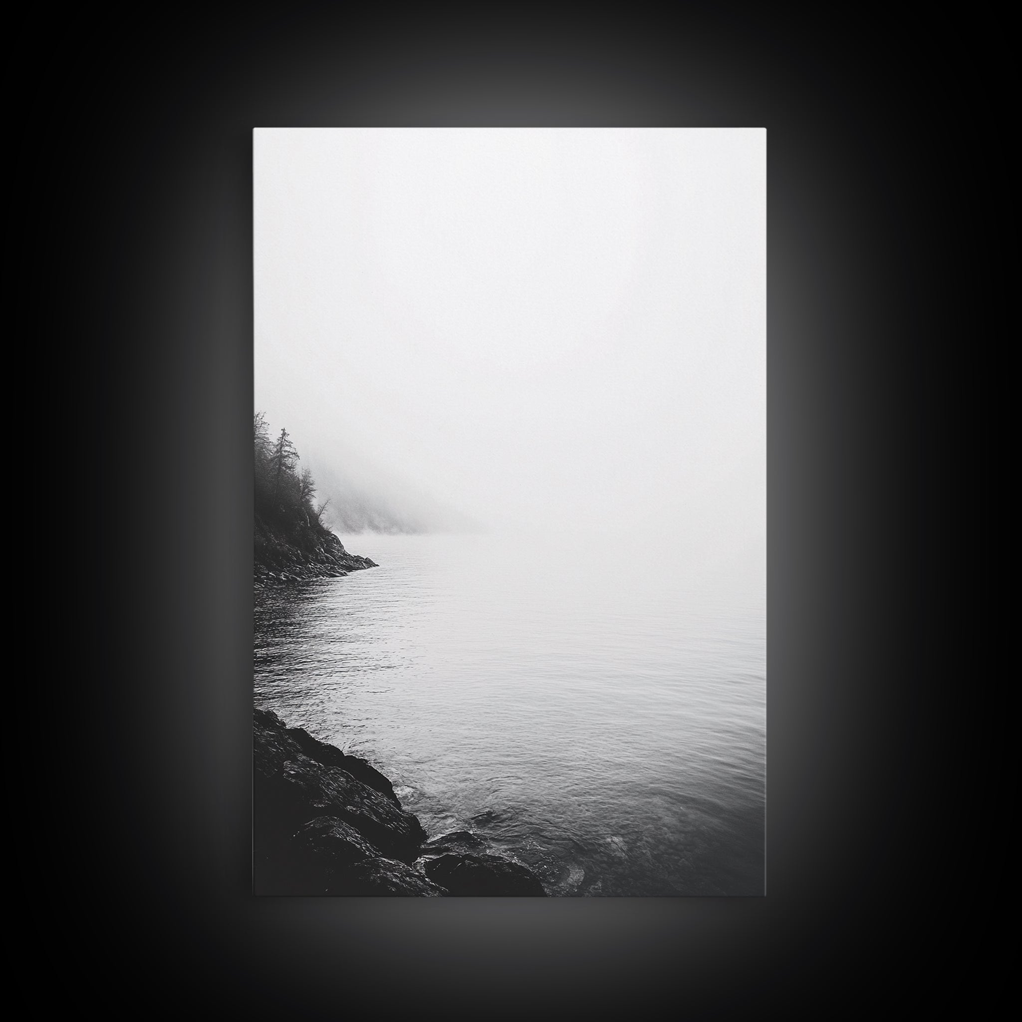 Misty Lakeshore, Foggy Forest Water, Monochrome Tranquility, Framed Canvas Print, Minimalist Art, Calm Landscape, Bedroom Wall Decor