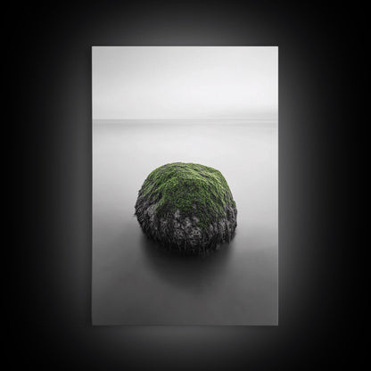 Moss Rock Minimal, Green Accent Art, Coastal Zen Decor, Framed Canvas Print, Modern Neutral Room, Nature Wall Aesthetic