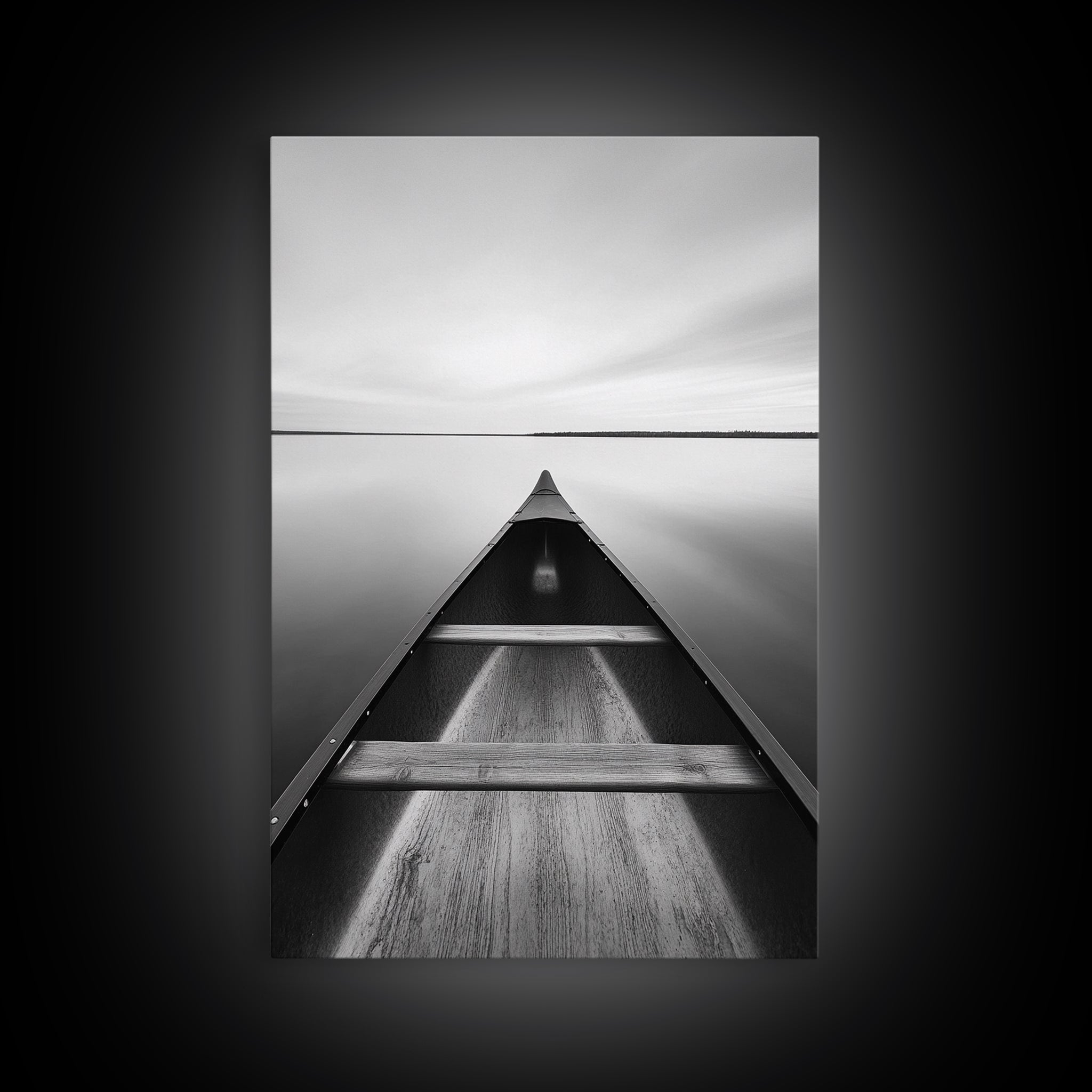 Canoe, Lake, Calm, Horizon - Minimalist lake paddle scene, Framed Canvas Print, peaceful home office art, Scandinavian decor, wilderness print