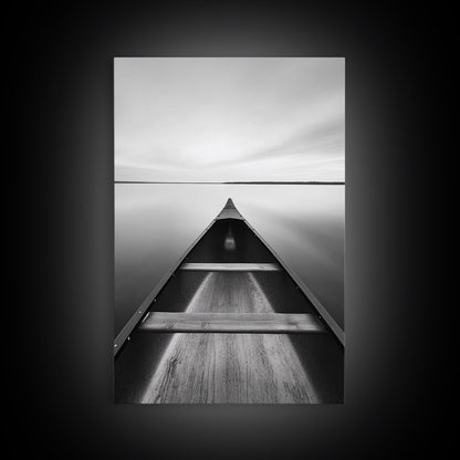 Canoe, Lake, Calm, Horizon - Minimalist lake paddle scene, Framed Canvas Print, peaceful home office art, Scandinavian decor, wilderness print