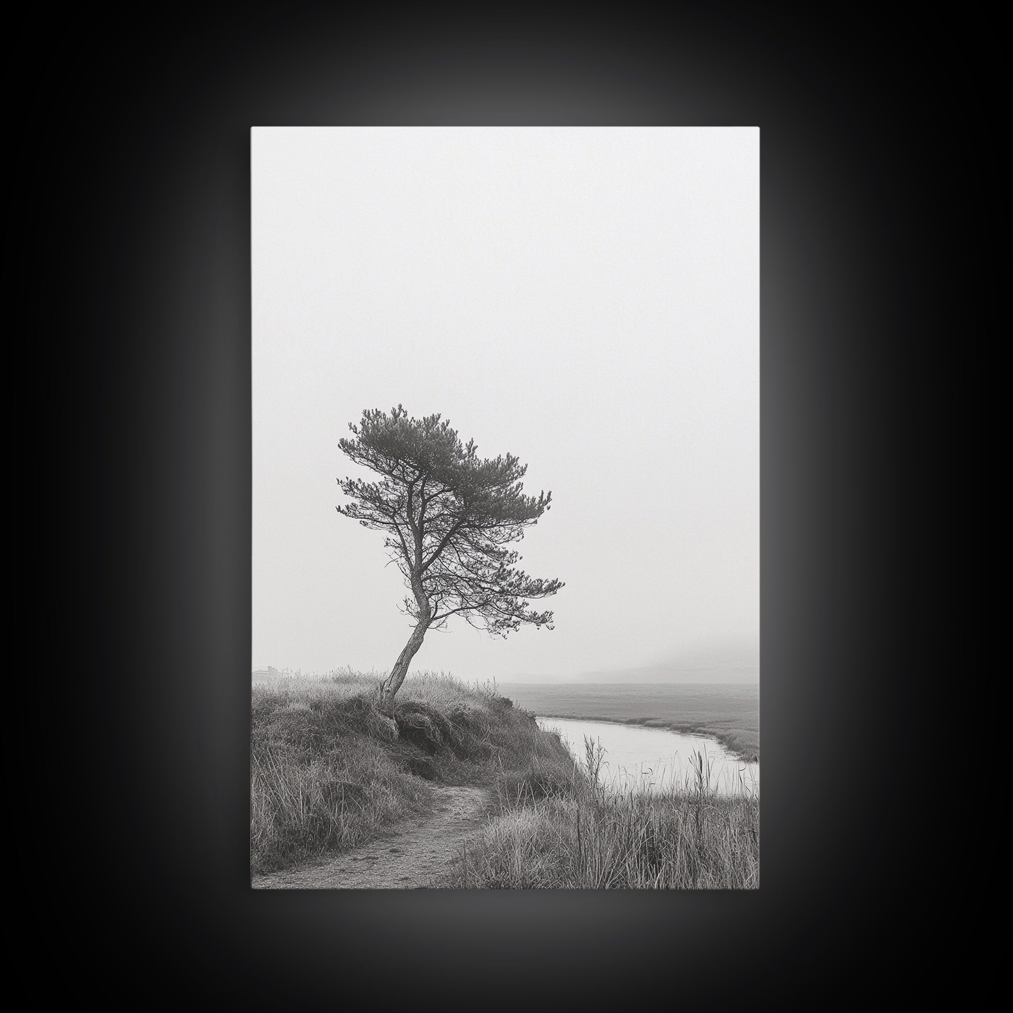 Leaning Tree Path, Soft Fog Scene, Calm Landscape, Canvas Print, Serene Entryway Wall Art, Nature Photography, Minimalist Decor