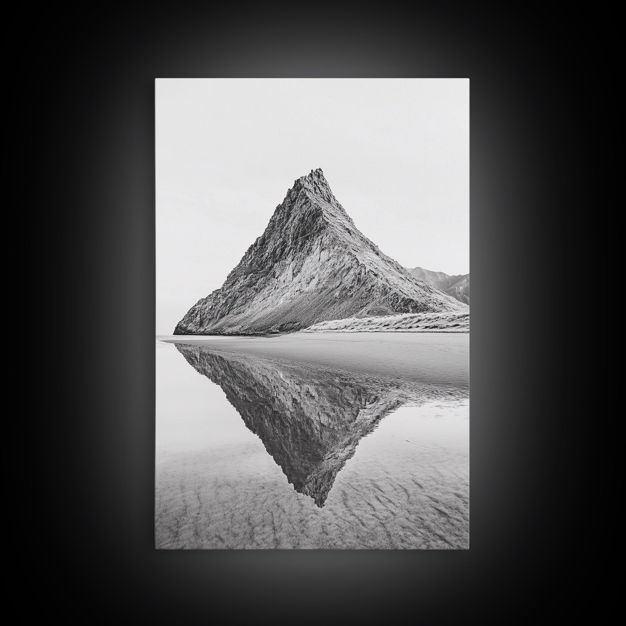 Mountain Mirror, Coastal Peak, Serene Beach, Canvas Print, Minimalist Landscape Art, Modern Living Room Wall Decor, Monochrome Nature Style