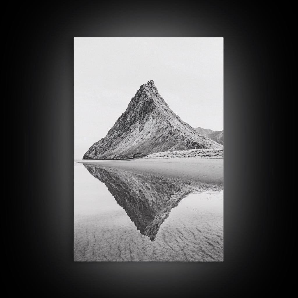 Mountain Mirror, Coastal Peak, Serene Beach, Canvas Print, Minimalist Landscape Art, Modern Living Room Wall Decor, Monochrome Nature Style