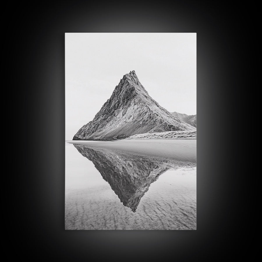 Mountain Mirror, Coastal Peak, Serene Beach, Canvas Print, Minimalist Landscape Art, Modern Living Room Wall Decor, Monochrome Nature Style