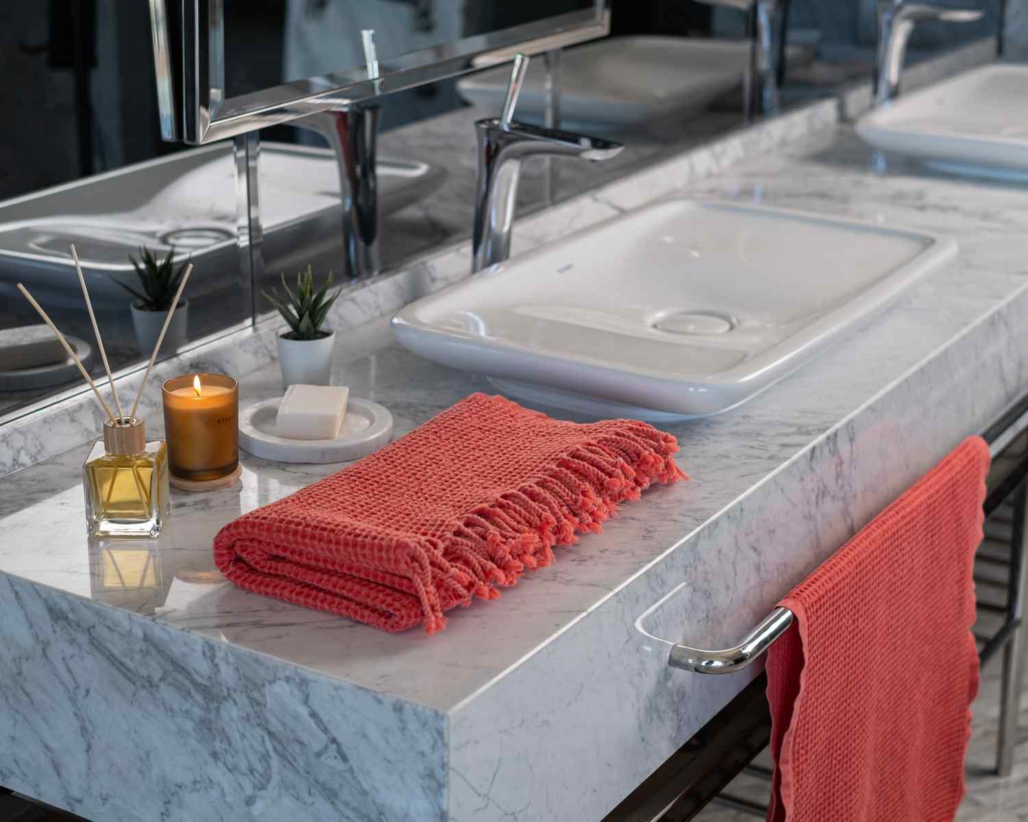 Waffle Turkish Towel Coral Bath&Hand Towel(Set)