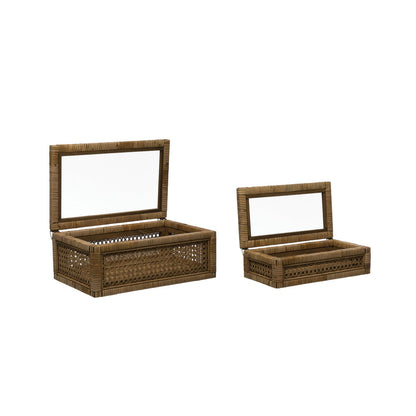 Woven Rattan Wood Display Boxes with Glass Lid | 2 Sizes