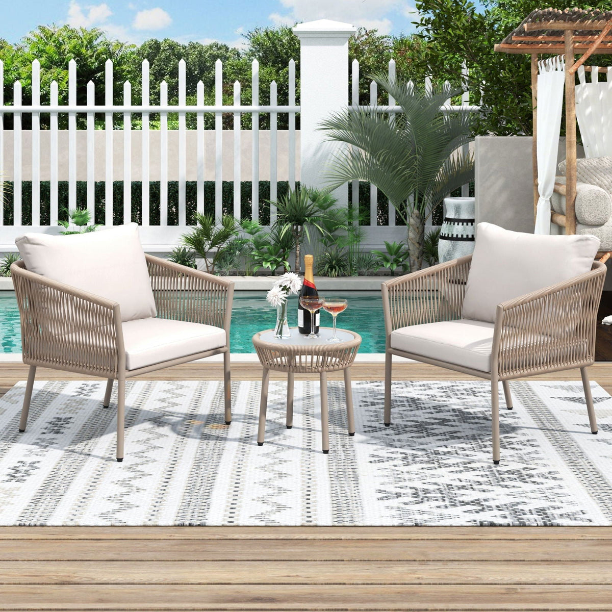 Elegant Rope-Woven Steel Outdoor Lounge Set with Tempered Glass Table as Pic