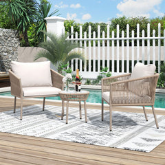 Elegant Rope-Woven Steel Outdoor Lounge Set with Tempered Glass Table