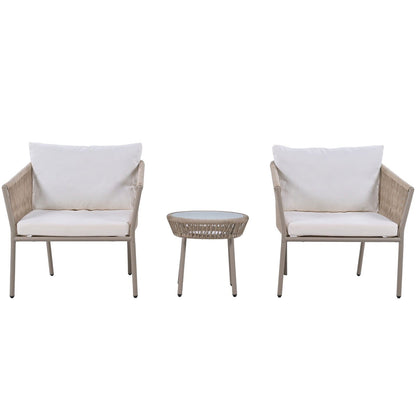 Elegant Rope-Woven Steel Outdoor Lounge Set with Tempered Glass Table