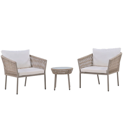 Elegant Rope-Woven Steel Outdoor Lounge Set with Tempered Glass Table
