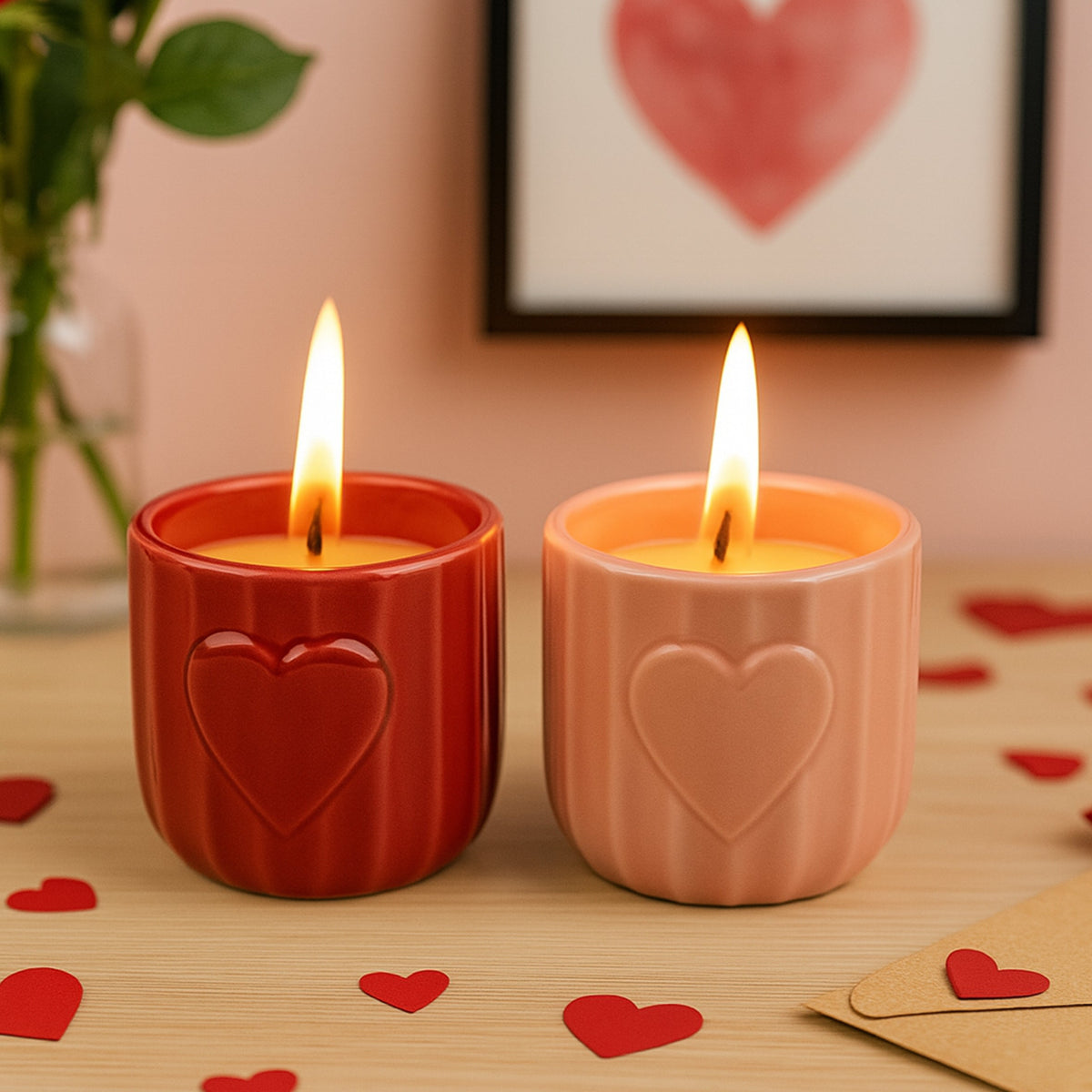 Heart Embossed Ceramic Candle Holder Set – 2-Piece Romantic Candles