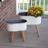Embossed Metal Planters on Wooden Legs - Set of 2