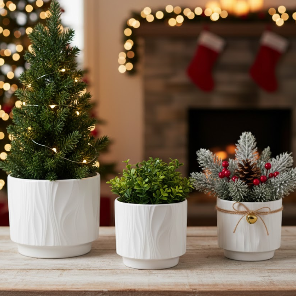 3-Piece White Stoneware Planter Pot Set with Embossed Texture Secondary image