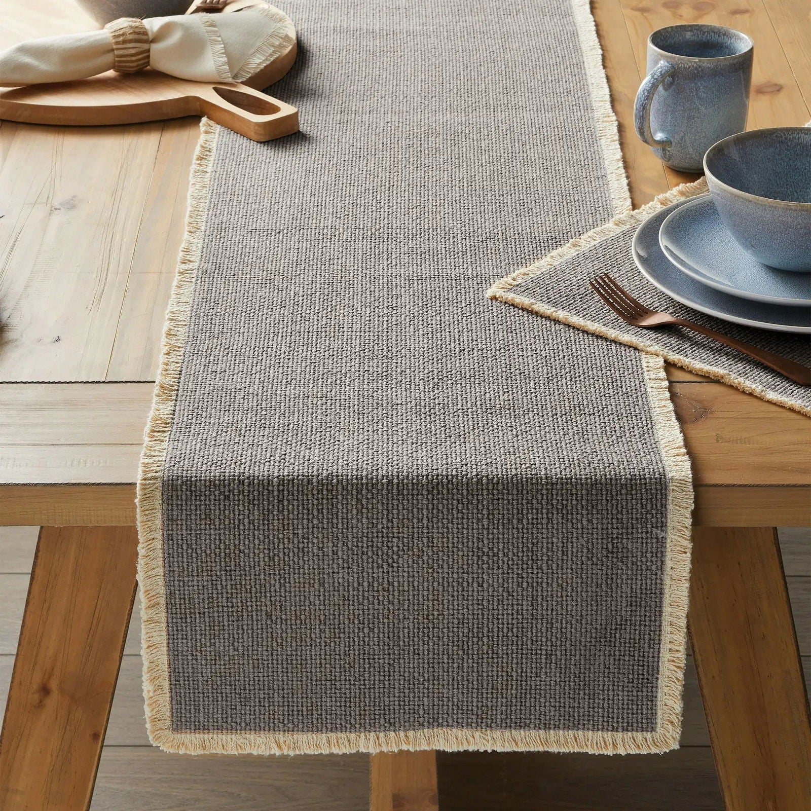 Fringe Cotton-Rich 14" x 90" Table Runner, Grey Default Title Main image