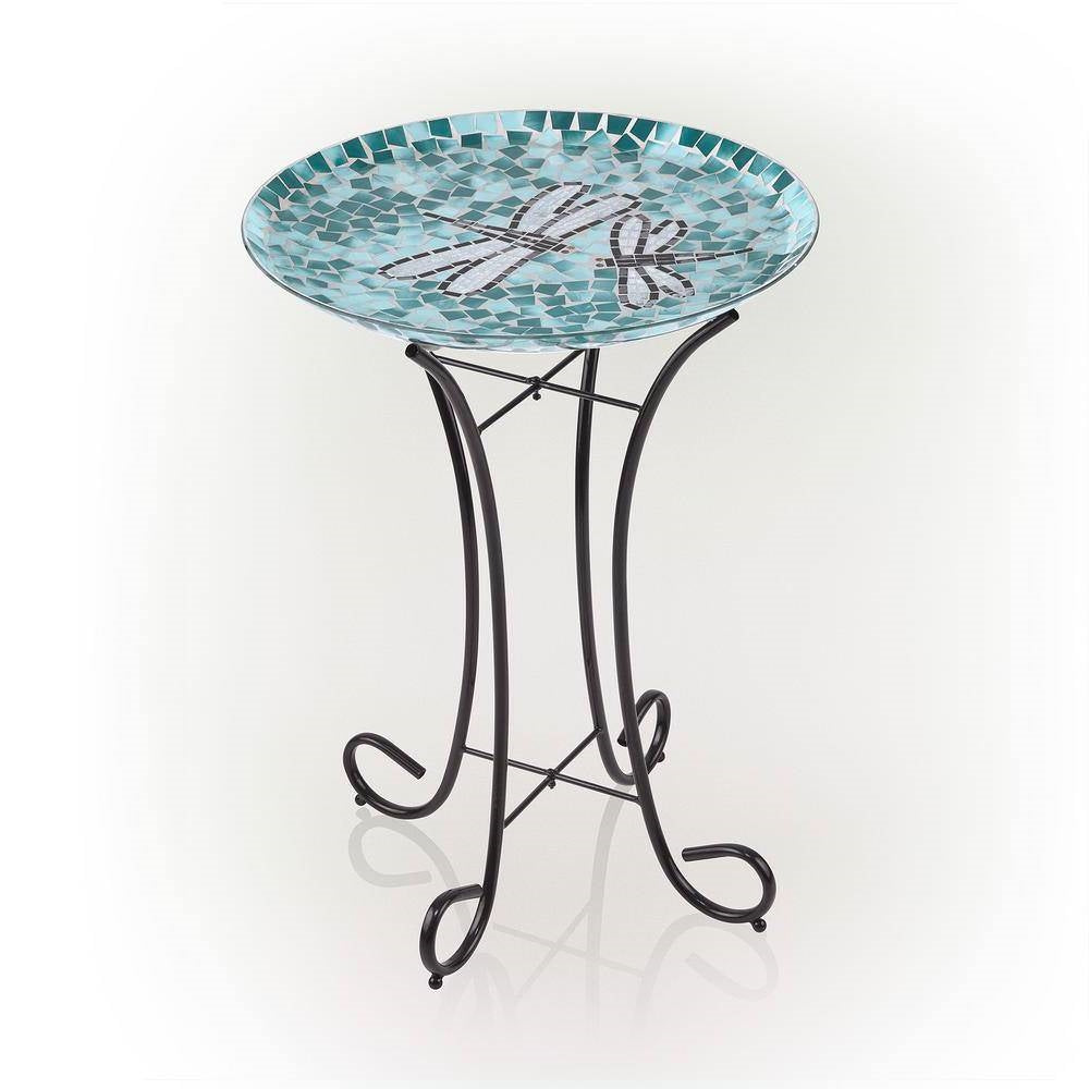 Teal Green Blue White Mosaic Glass Birdbath Bowl with Black Metal Stand Main image