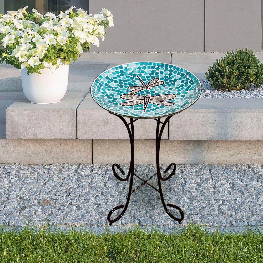 Teal Green Blue White Mosaic Glass Birdbath Bowl with Black Metal Stand Secondary image