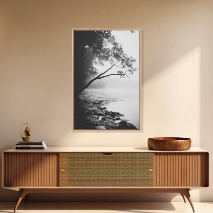 Misty Tree, Shoreline Fog, Forest Edge, Moody Atmosphere, Framed Canvas Print, Bedroom Wall Art, Autumn Woodland Style, Serene Nature Decor