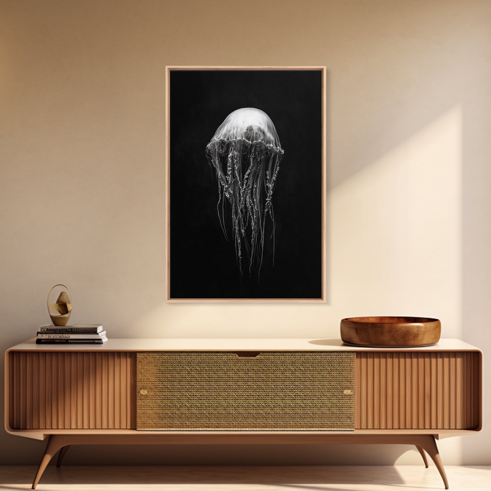 Elegant Jellyfish Art, Ocean Wildlife, Monochrome Marine, Framed Canvas Print, Bathroom Decor, Nautical Wall Art, Minimalist Sea Life