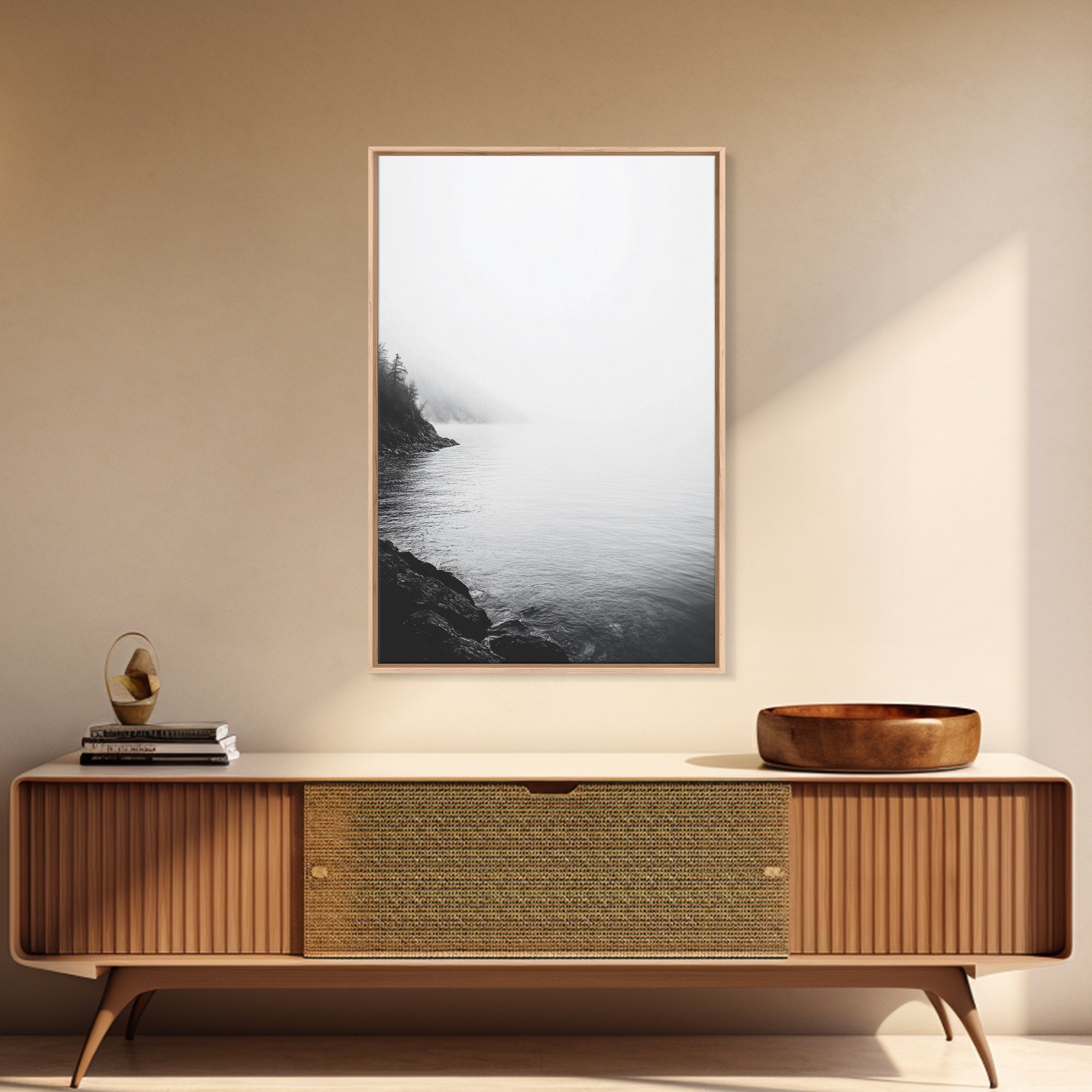 Misty Lakeshore, Foggy Forest Water, Monochrome Tranquility, Framed Canvas Print, Minimalist Art, Calm Landscape, Bedroom Wall Decor