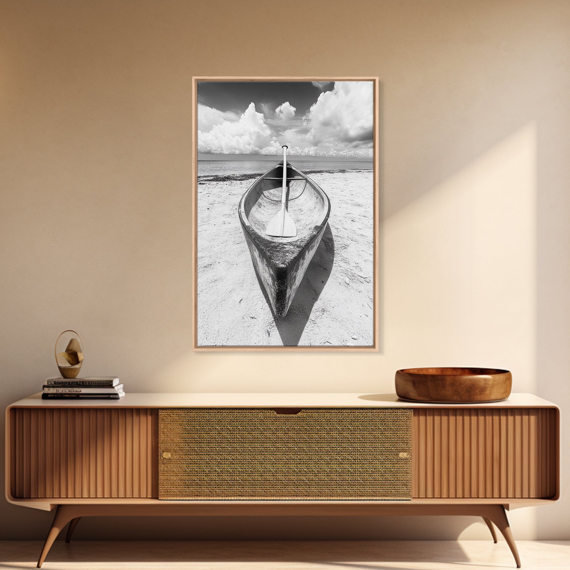 Paddle, Canoe, Beach, Clouds - Summer boating scene, Canvas Print, ideal bathroom or guestroom nautical art, rustic coastal boho wall decor
