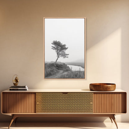Leaning Tree Path, Soft Fog Scene, Calm Landscape, Canvas Print, Serene Entryway Wall Art, Nature Photography, Minimalist Decor