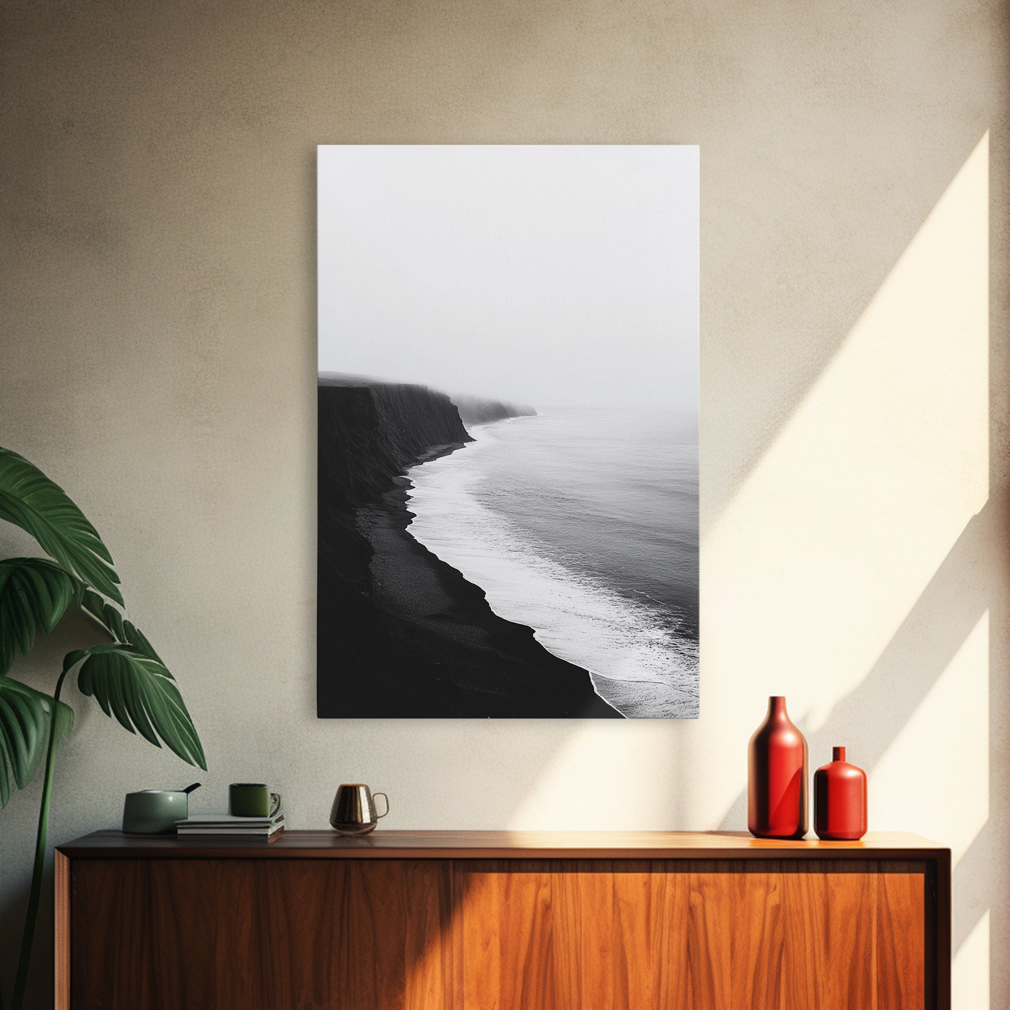 Cliff Coast, Mist Horizon, Monochrome Sea, Rugged Beauty, Canvas Print, Living Room Wall Art, Coastal Modern Style, Minimalist Ocean Scene
