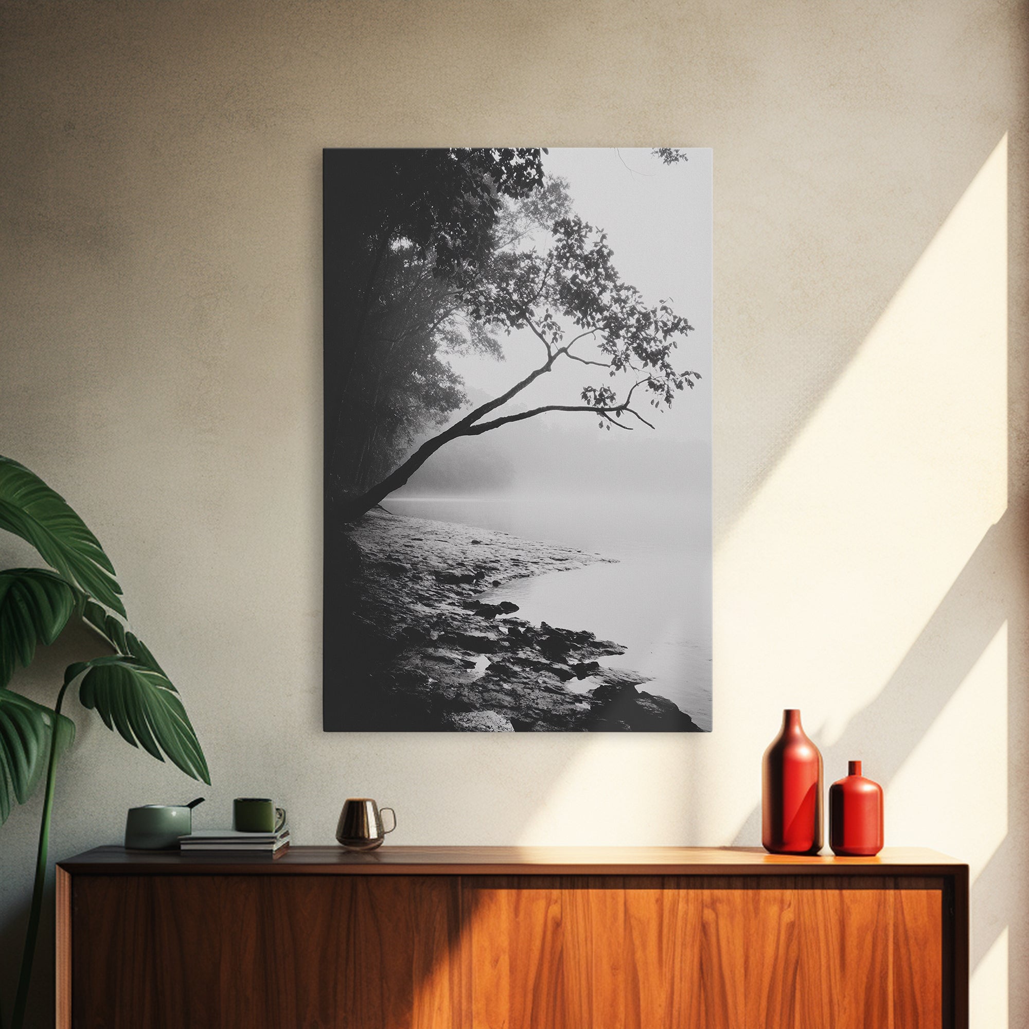 Misty Tree, Shoreline Fog, Forest Edge, Moody Atmosphere, Framed Canvas Print, Bedroom Wall Art, Autumn Woodland Style, Serene Nature Decor