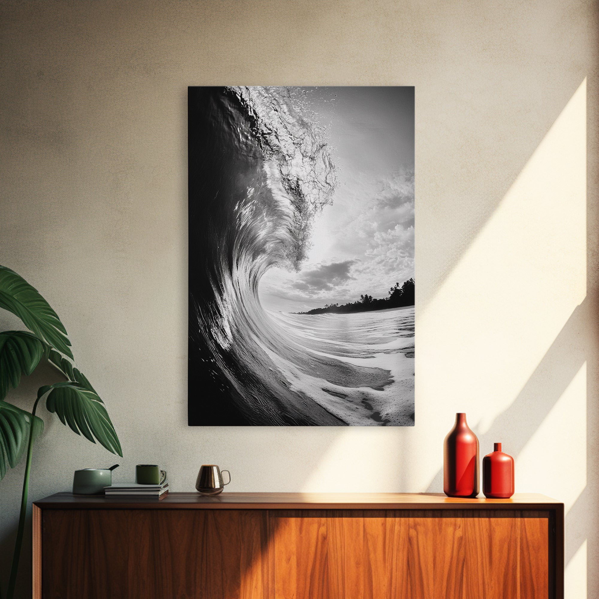 Ocean Wave Curl, Sea Barrel Art, Surf Power Print, Framed Canvas Print, Bathroom Wall Art, Modern Beach Decor, Black White Seascape