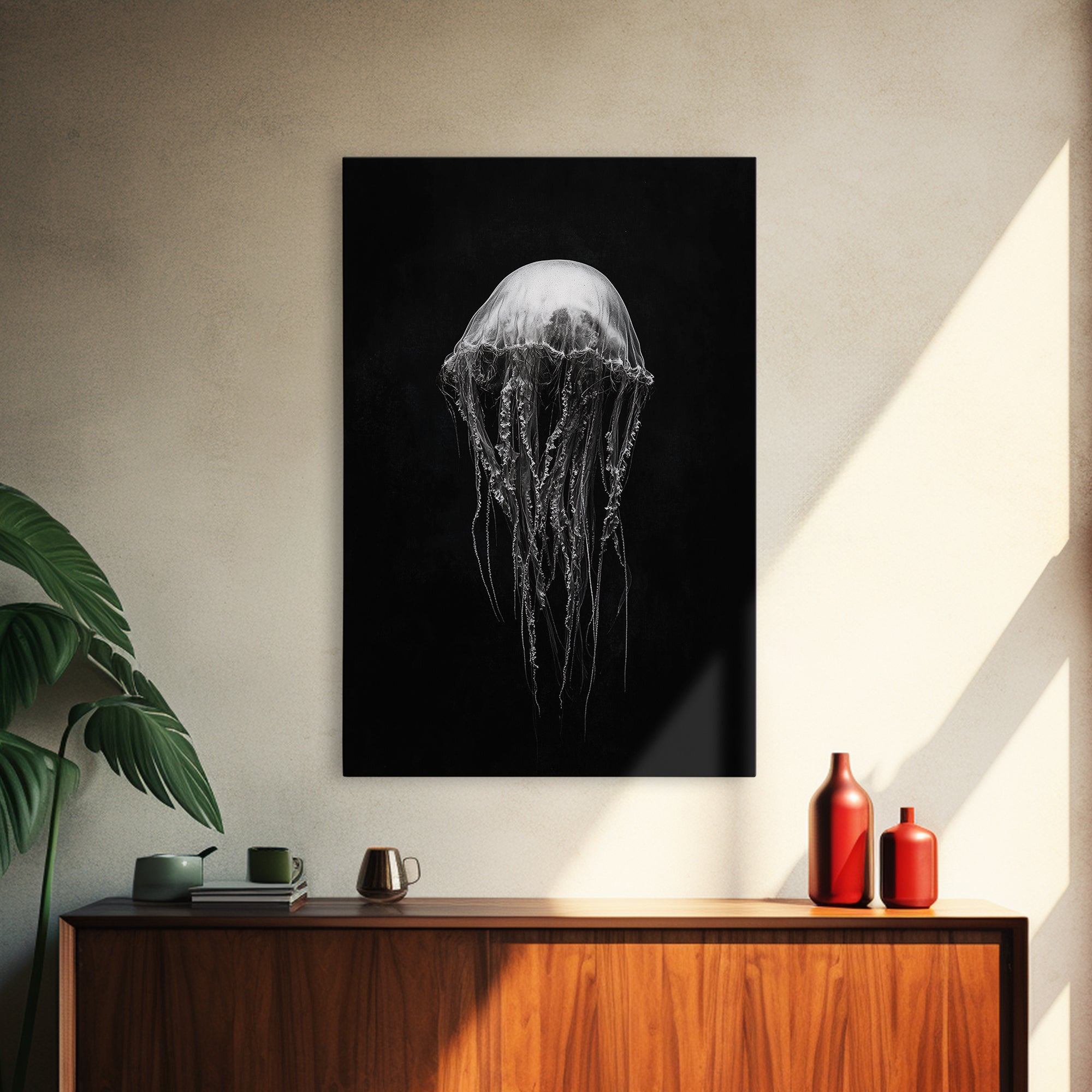 Elegant Jellyfish Art, Ocean Wildlife, Monochrome Marine, Framed Canvas Print, Bathroom Decor, Nautical Wall Art, Minimalist Sea Life
