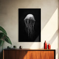 Elegant Jellyfish Art, Ocean Wildlife, Monochrome Marine, Framed Canvas Print, Bathroom Decor, Nautical Wall Art, Minimalist Sea Life