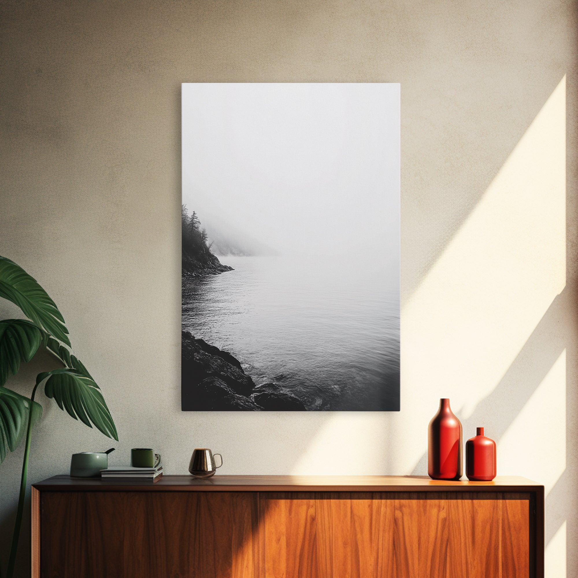 Misty Lakeshore, Foggy Forest Water, Monochrome Tranquility, Framed Canvas Print, Minimalist Art, Calm Landscape, Bedroom Wall Decor