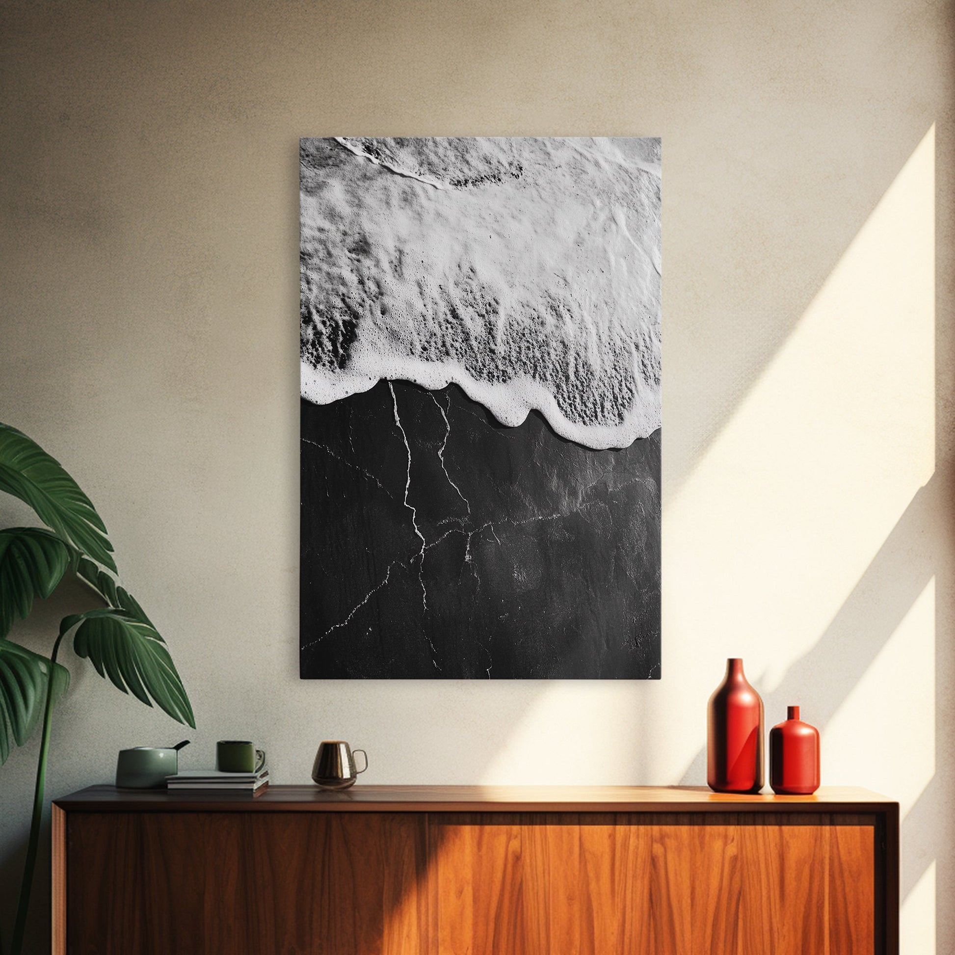 Wave Edge, Cracked Earth, Tide Meets Stone, Nature Contrast, Canvas Print, Abstract Ocean Art, Minimalist Wall Decor, Bathroom Artwork