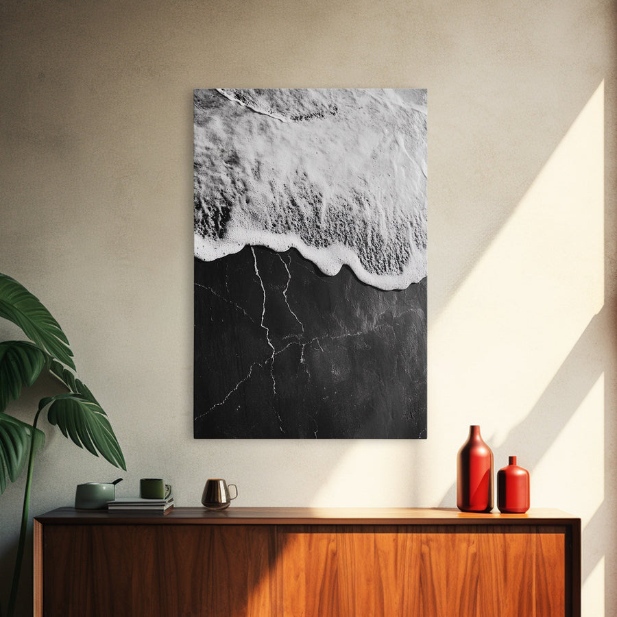 Wave Edge, Cracked Earth, Tide Meets Stone, Nature Contrast, Canvas Print, Abstract Ocean Art, Minimalist Wall Decor, Bathroom Artwork