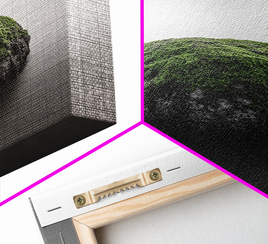 Moss Rock Minimal, Green Accent Art, Coastal Zen Decor, Framed Canvas Print, Modern Neutral Room, Nature Wall Aesthetic