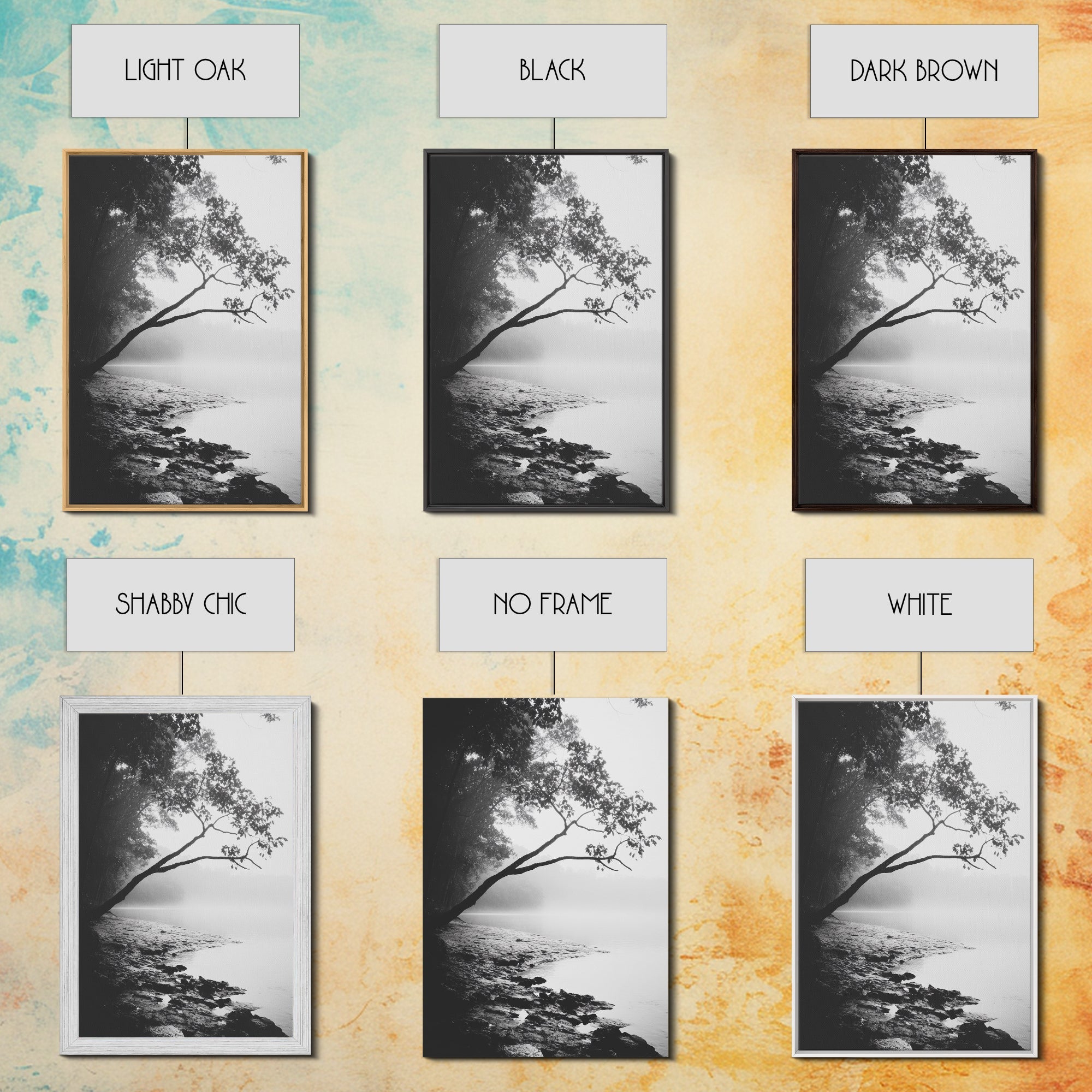 Misty Tree, Shoreline Fog, Forest Edge, Moody Atmosphere, Framed Canvas Print, Bedroom Wall Art, Autumn Woodland Style, Serene Nature Decor