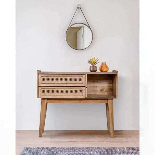 Mango Wood and Rattan Console Table with Drawers
