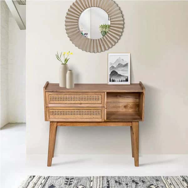 Mango Wood and Rattan Console Table with Drawers Default Title