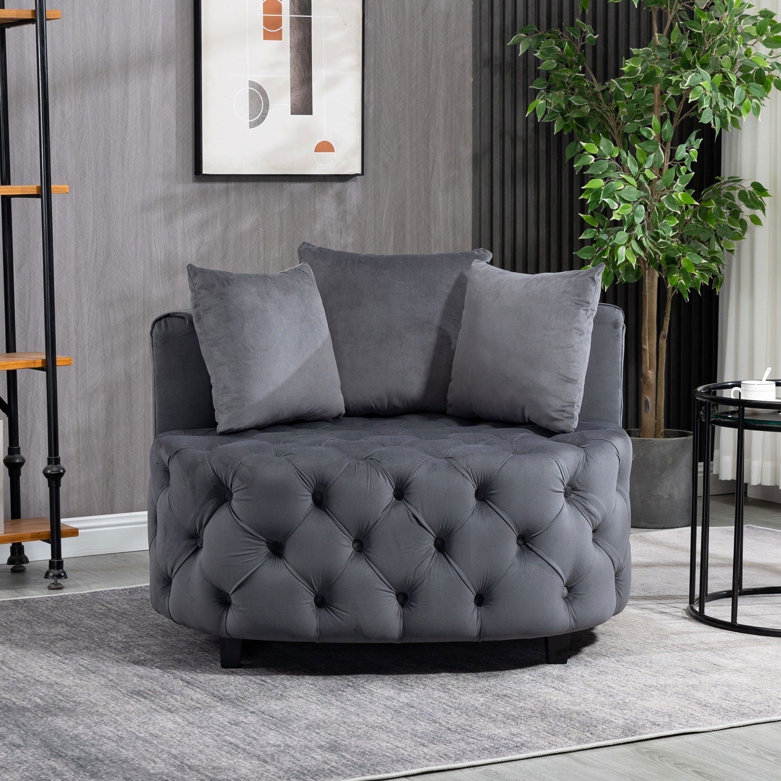Matthias Plush Velvet Barrel Chair with Solid Wood Legs - Available in 3 Colors Gray Main image
