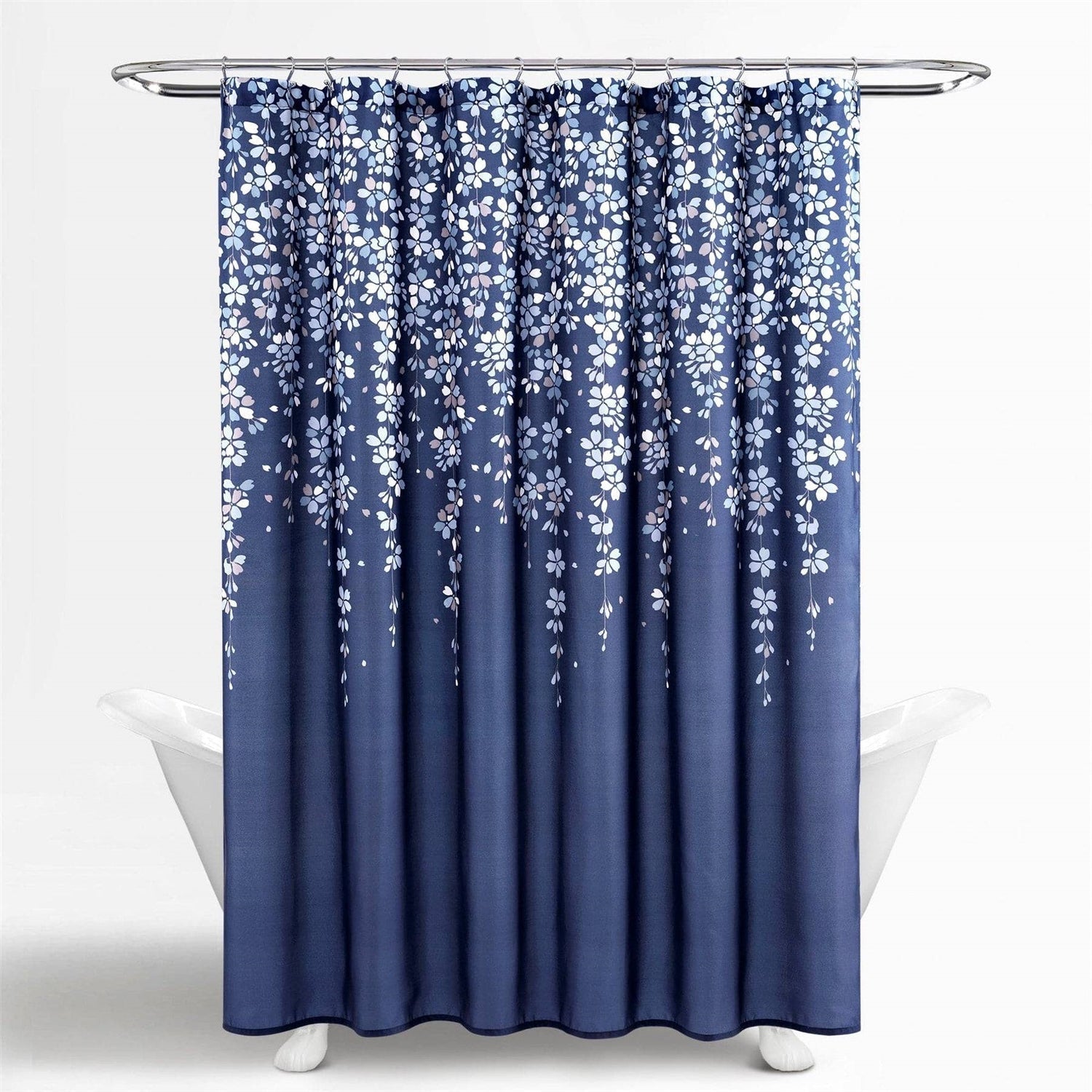 72-inch Navy Light Blue White Floral Vines and Flowers Shower Curtain Main image