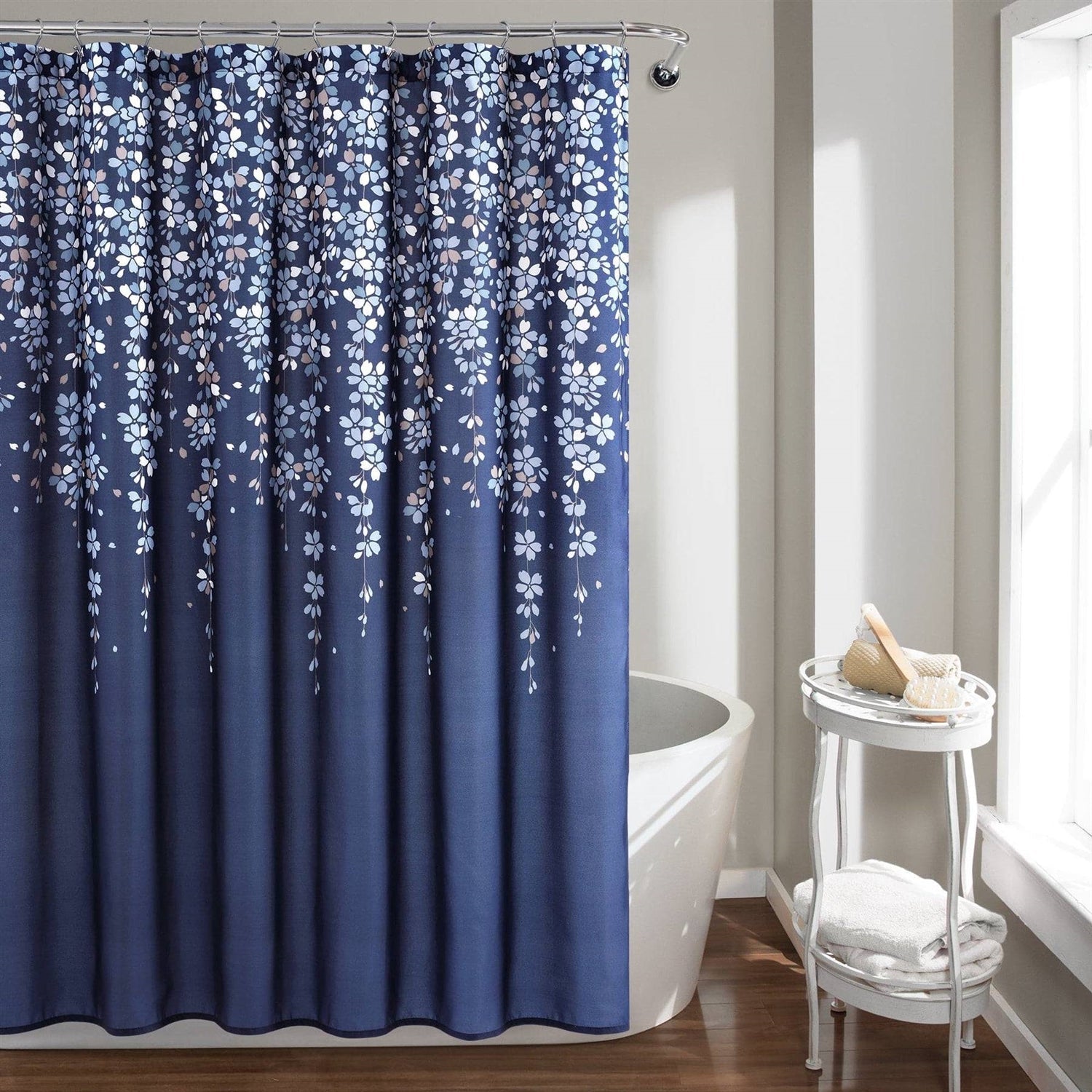 72-inch Navy Light Blue White Floral Vines and Flowers Shower Curtain Secondary image
