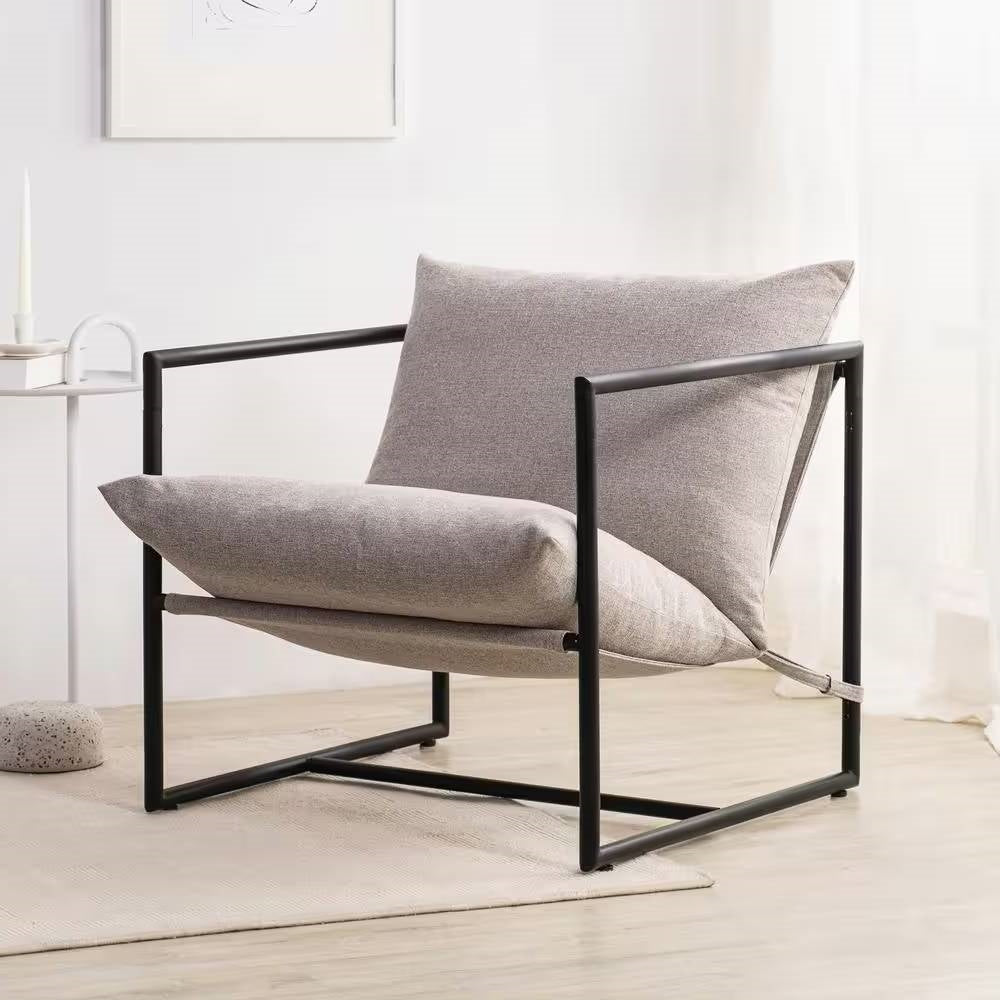 Modern Beige Grey Tan Oatmeal Upholstered Accent Chair with Metal Frame Main image